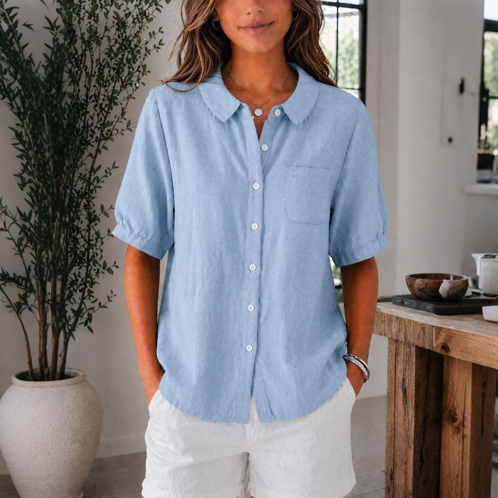 Women Lightweight Linen Cotton Shirt Short Sleeve Button Down Loose Fit Casual Workwear Blouse with Pocket Summer Top