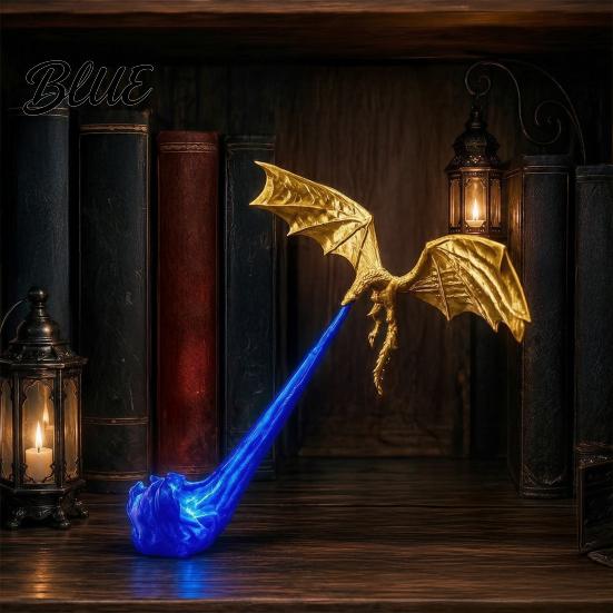 Unique Bookshelf Ornaments Dragon Nook Light 3D Printed Fire-Breathing Fantasy Shelf Decor with Flame Flying Desk Figurine Base Figurine Halloween