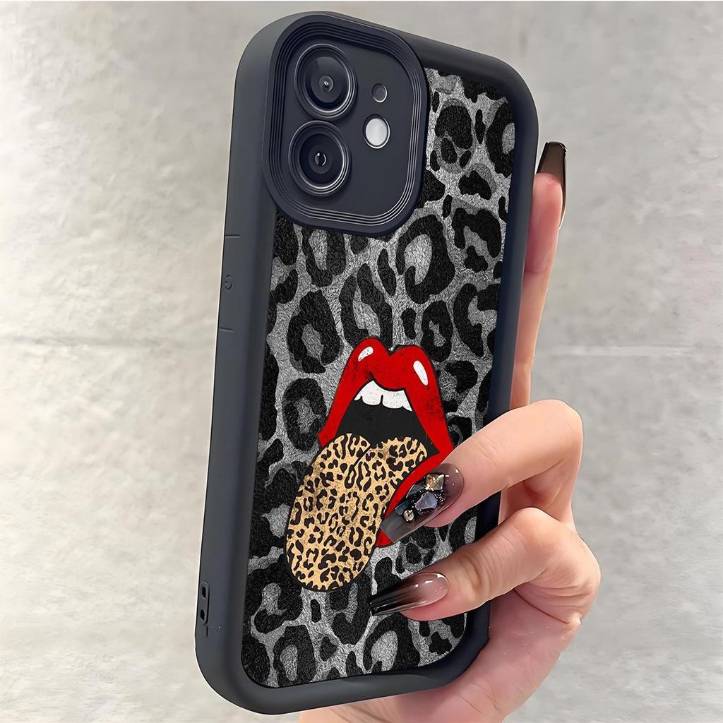 Leopard Print Lipstick iPhone 15/16/17 Case with Black Grooves