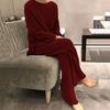Women's Loose Fit Two-piece Suit Long Sleeve Knit Top Elastic Waist Wide Leg Pants