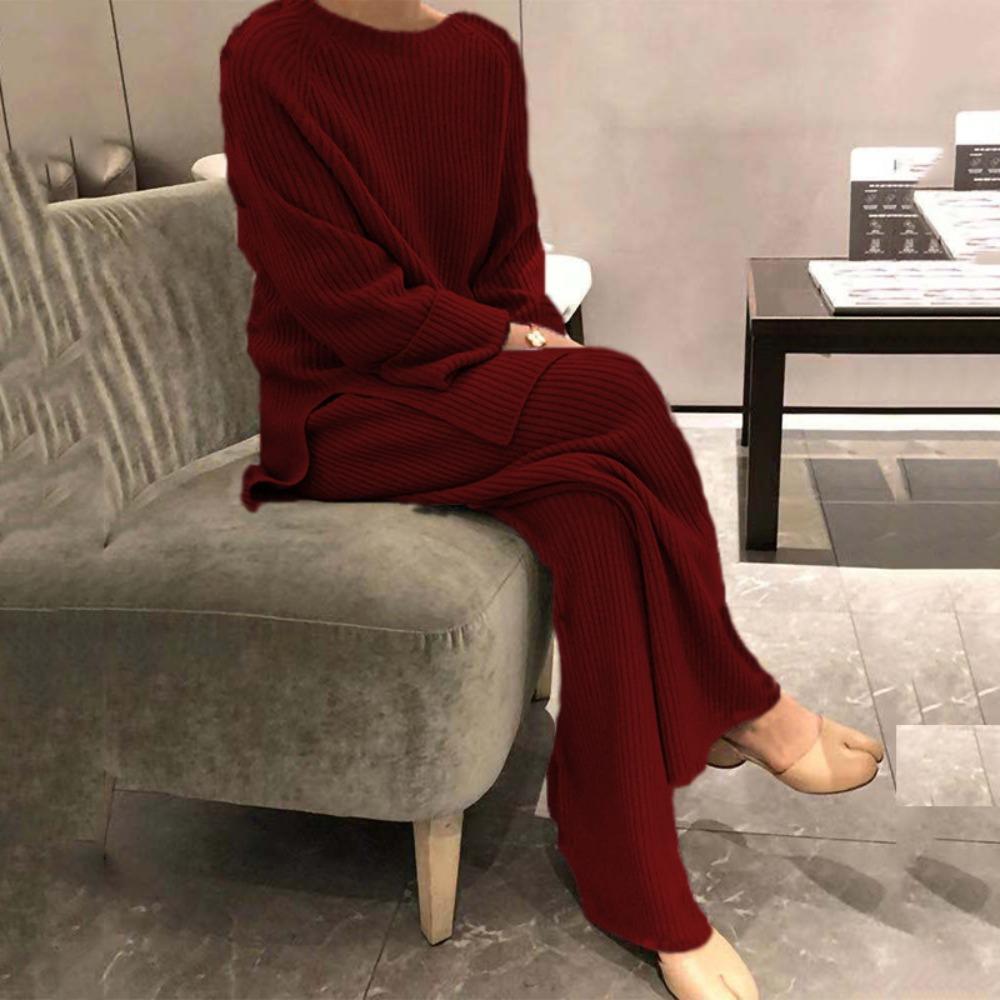 Women's Loose Fit Two-piece Suit Long Sleeve Knit Top Elastic Waist Wide Leg Pants