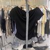 Fake two-piece streamer slinger collar top short-sleeved t-shirt women's summer lace splicing waist pleated short top