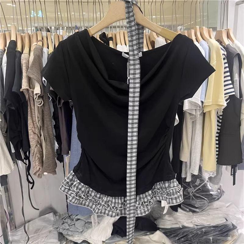 Fake two-piece streamer slinger collar top short-sleeved t-shirt women's summer lace splicing waist pleated short top