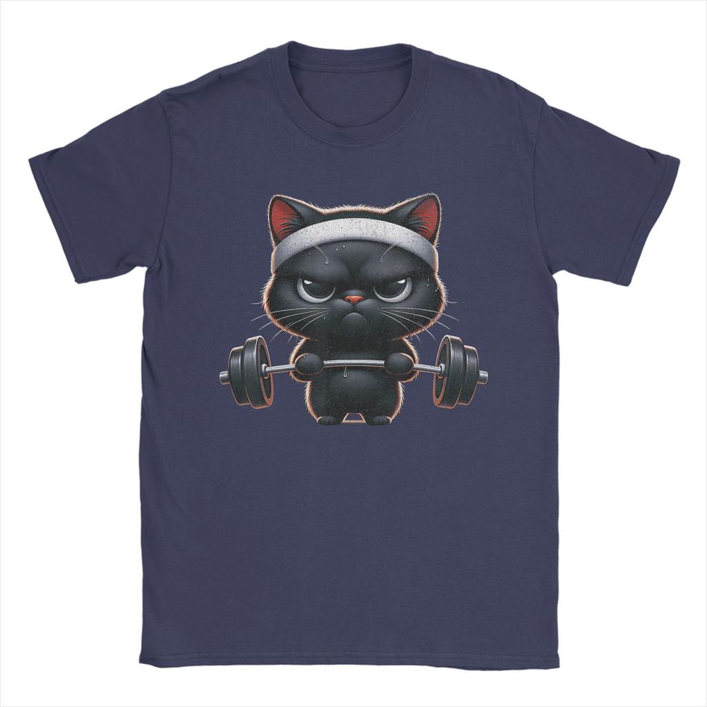 Humorous Funny Workout Cat Gym Fitness TShirt for Men Round Neck Cotton T Shirts  Short Sleeve Tee Shirt Plus Size Tops
