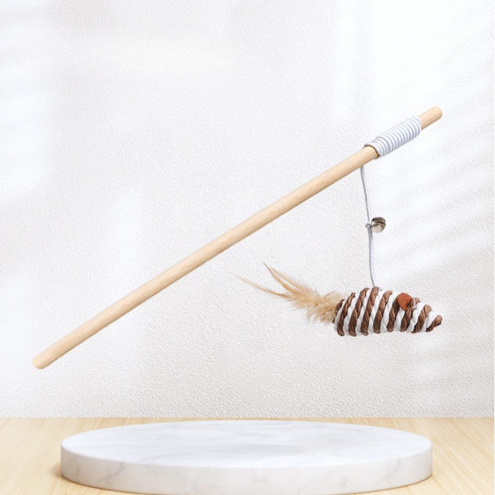 Wooden Handle Cat Teaser Wand, Elastic String Feather Bell Cat Toy, Linen Fabric Interactive