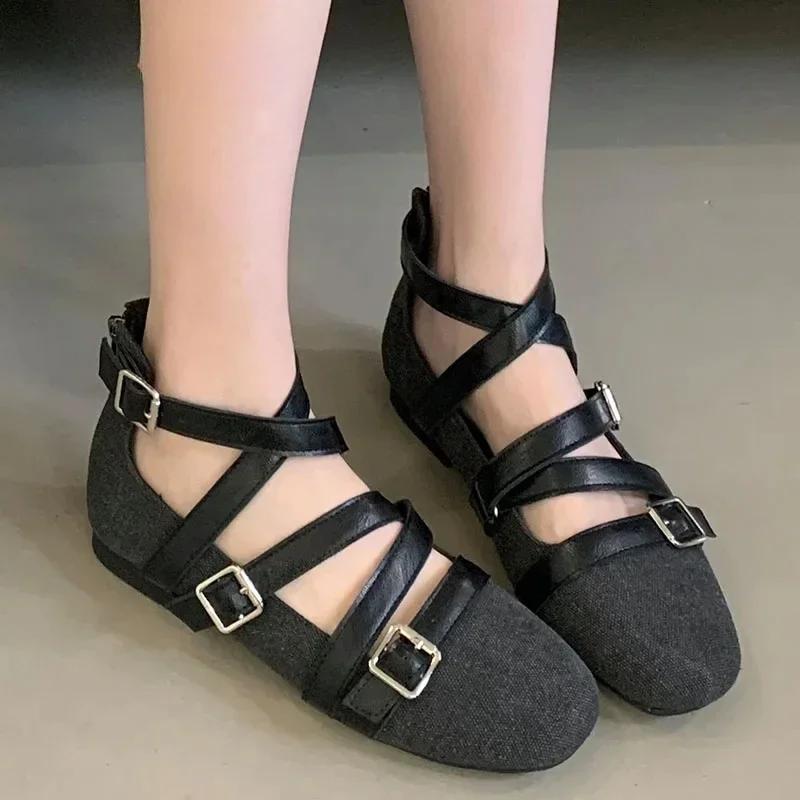 Fashion Belt Buckle Flat Mary Jane Shoes Women Fashion Design Footwear Female Cross-tied Soft Sole Comfort Ballet Shoes Zapatos De Mujer