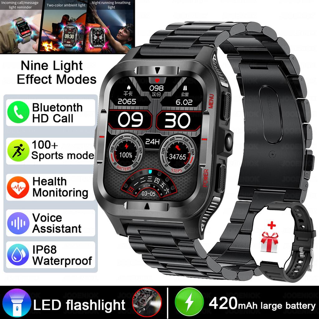 Military Grade SmartWatch Men LED flashlight Waterproof Sports Fitness Tracker Health Monitor BT Call Smartwatch For Android iOS
