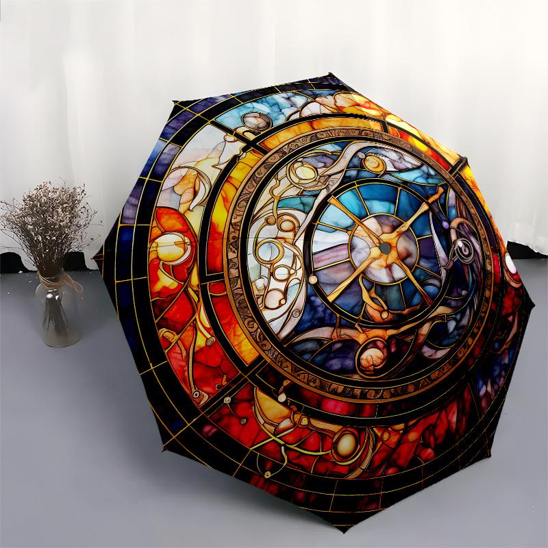 Kreisförmiges Buntglas-Kunstwerk: Regenschirm mit lebendigen Farben und filigranen Designs, Niedlicher Regenschirm mit süßem Design, Tragbarer 3-fach kompakter Regenschirm für mich