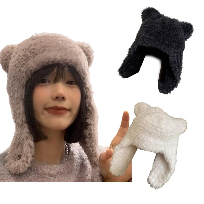 Bear Ski Hat Bear Earflap Hat Plush Bomber Trapper Hat Bear Ear Hat Hooded Hat