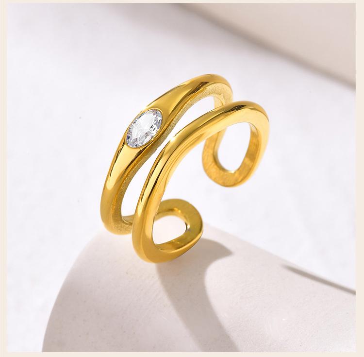 Double-layer Hollow Open Zirconia Rings for Women, Gold Plated Stainless Steel Finger Ring, Luxury Waterproof Jewelry