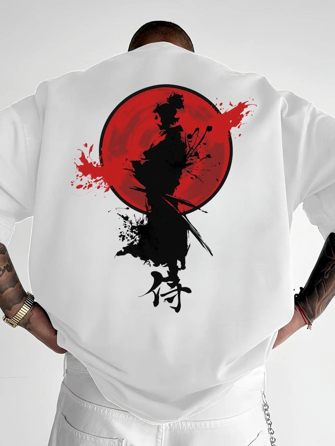 Men s Japanese Samurai Ink Wash Graphic Tee Oversized Cotton Streetwear Short Sleeve Tops S разноцветный