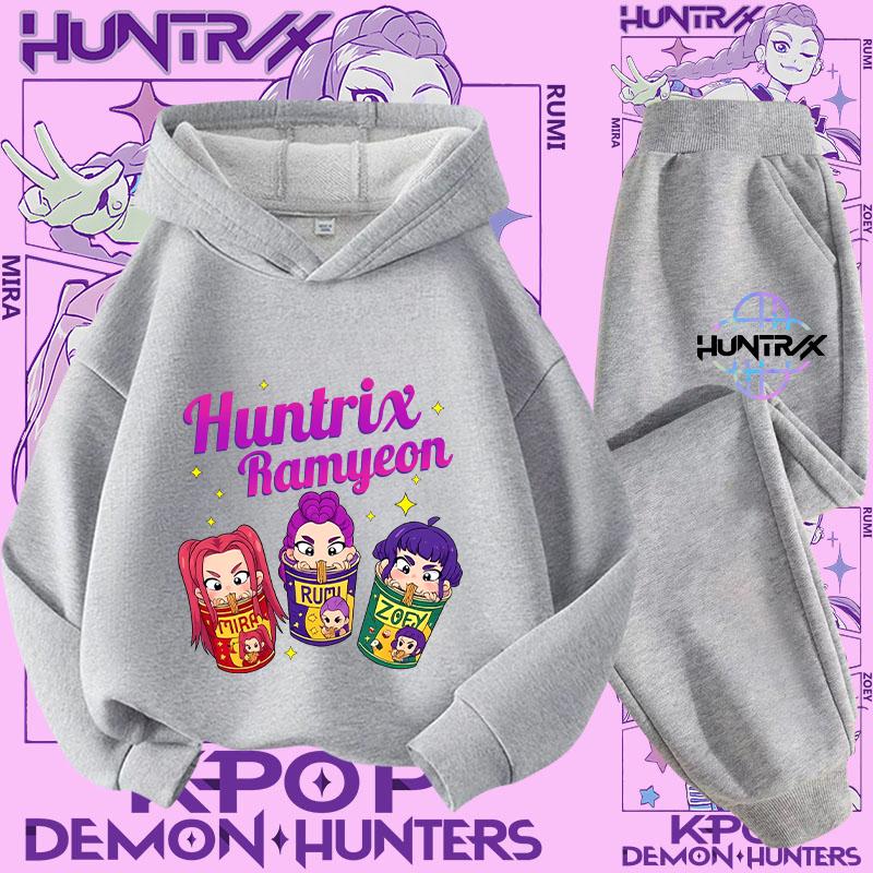 New K-pop Demon Hunter 3 - 12-year-old Girls' Sportswear 2-piece Cute Casual Top Children's Hooded Shirt Set with Cartoon Print