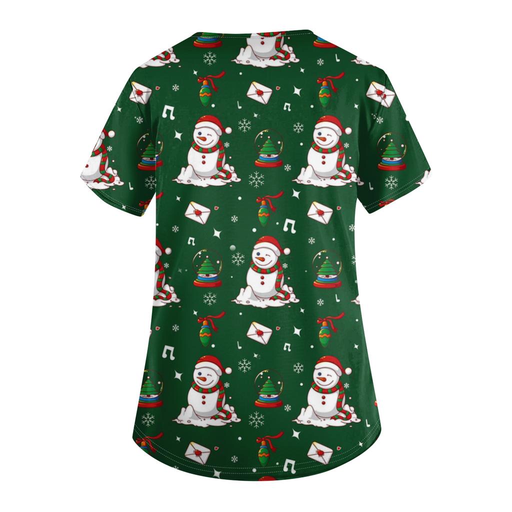 Women's V-neck Christmas Printed Short-sleeved Pocket Side-slit Protective Suit Top