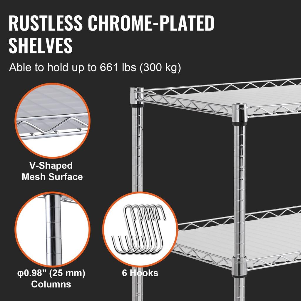Kitchen Utility Cart, 3 Tiers, Wire Rolling Cart with 661LBS Capacity, Steel Service Cart on Wheels, Metal Storage Trolley with 80mm Basket Curved