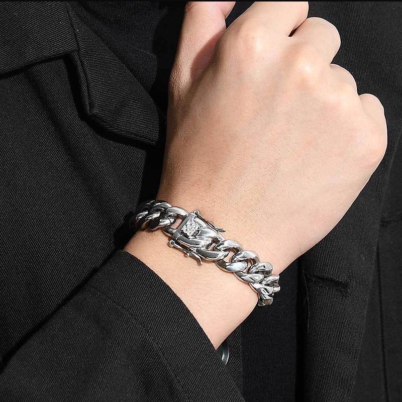 Men's Stainless Steel Cuban Bracelet with Dragon Head Clasp - Hip Hop Style, Fine Polished Finish.