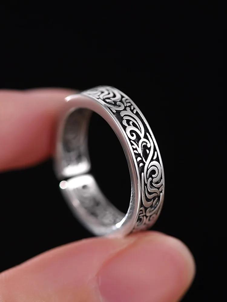 Nouvelles Bagues Argentées Motif Herbe Tang Ancien Rétro pour Femmes Bague Classique Doigt Index Garçons Français Cadeau Bijoux Gothiques
