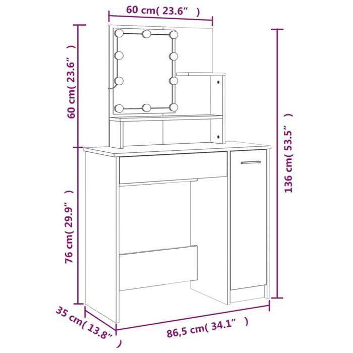 VidaXL Dressing Table with LED Cosmetic Table Storage Furniture Dressing Table with Mirror Bedroom Furniture Interior 820484