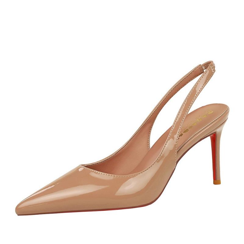 Fashion Pointed Toe High Heels Open Back Slip On Shoes Glossy Patent Leather Women Dress Pumps Low Cut Thin Heel