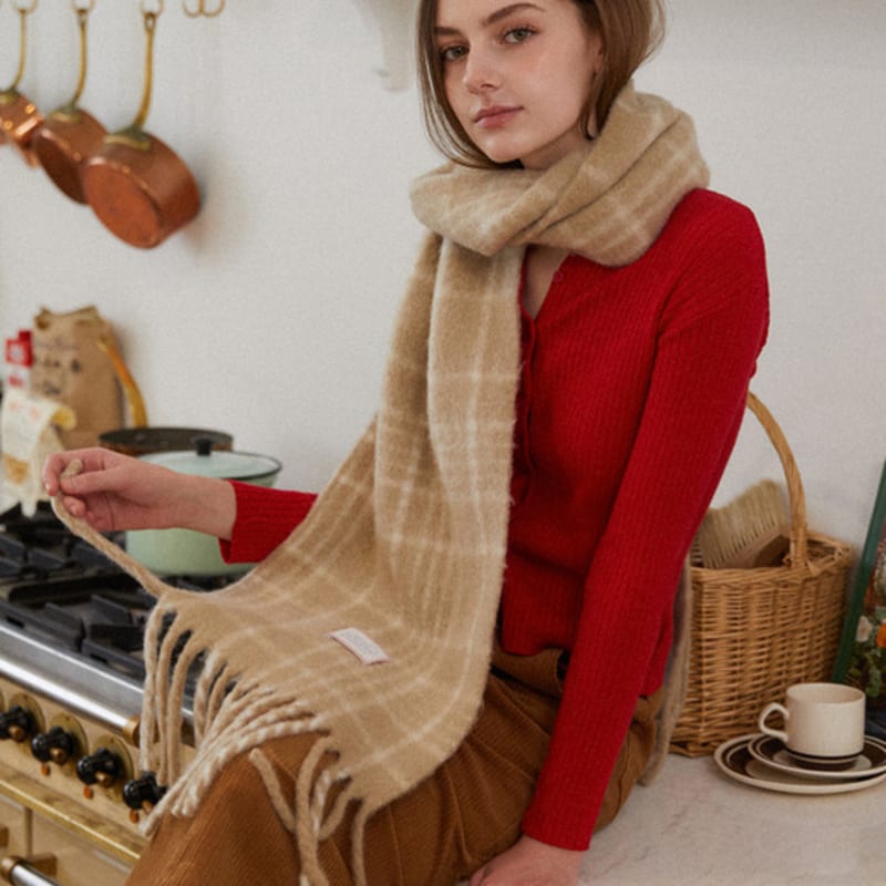 TATIANA Snug Checked Wool Blended Muffler MF8108 Beige