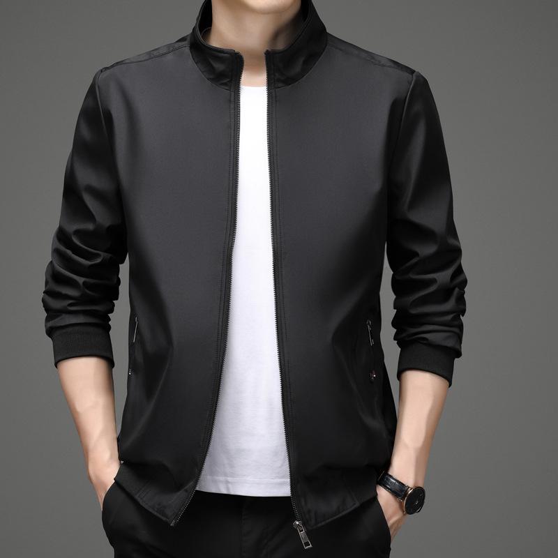Men s Casual Stand Collar Jacket - Business Solid Color, Spring & Autumn Collection 4XL чёрный