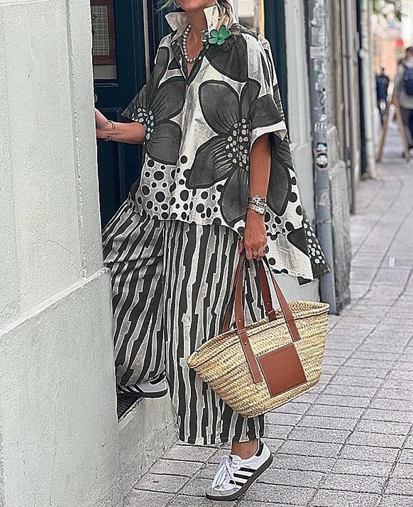 

Floral Print Short Sleeve Top and Striped Wide Leg Pants 2-Piece Set 3XL сірий колір