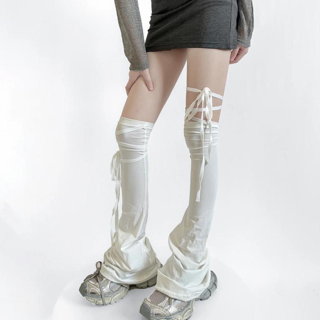Y2k Women Leg Warmer Soft Solid Color Over The Knee Tie-up Thigh-high Leg Warmers Socks for Party Street