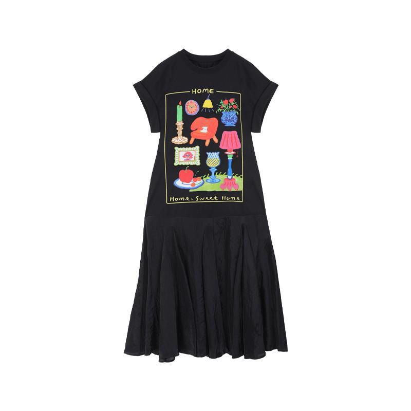 

Summer Fashion Short Sleeve Round Neck Dress with Fruit & Flower Embroidery Hem Patchwork 2XL чорний