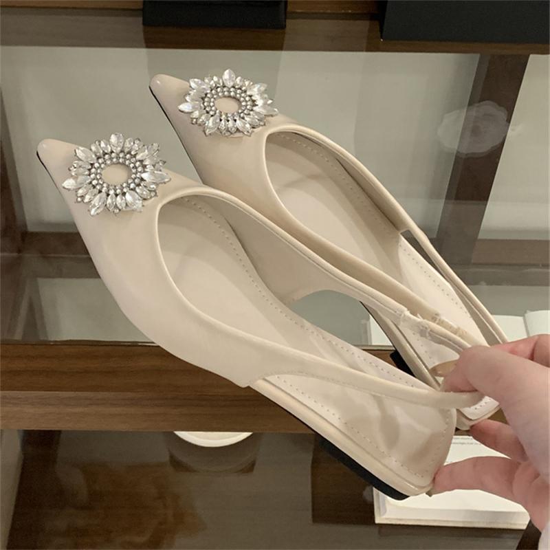 

Pesstwei Spring Elegant Sexy Pointed Toe Comfortable Design Crystal Button Flats Heels Woman Sandals Prom Slingbacks Shoes 35 бежевый