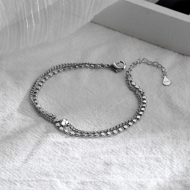 S925 Sterling Silver Double Layers Jednoduchý náramek pro ženy Temperament Elegantní Sweet Link Řetízkový náramek Šperky