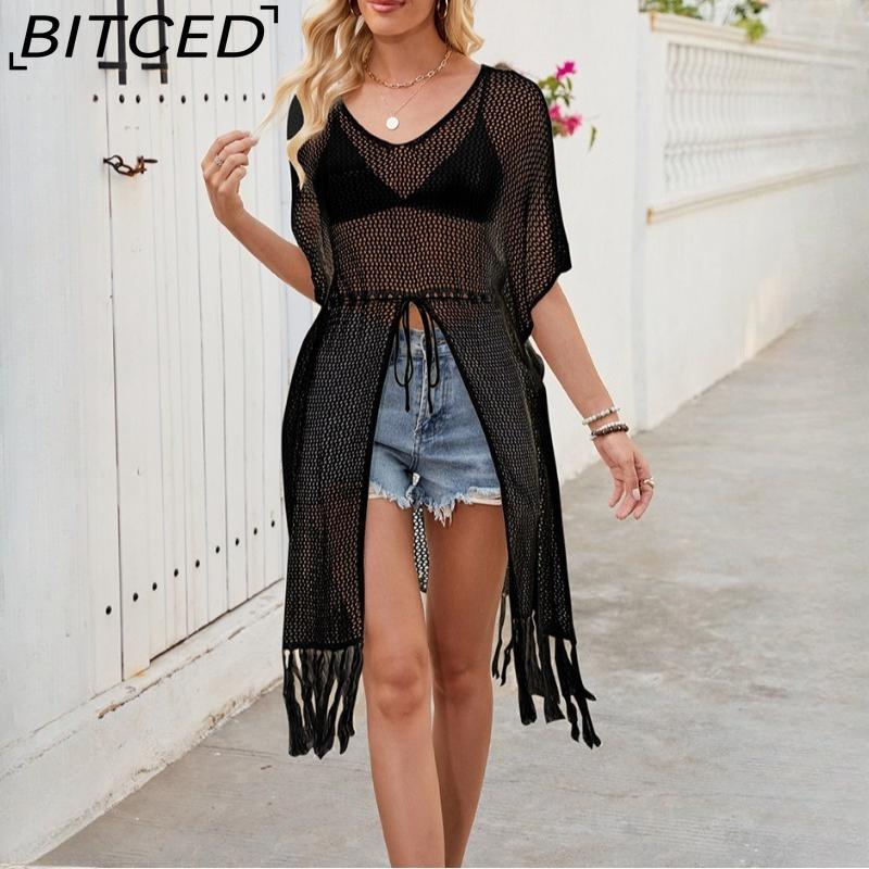 BITCED Sexy Lace-Up Beach Cover-Up Summer Sun Protection Fringe Knit Cover-Up Short-Sleeved V-Neck Knit Top