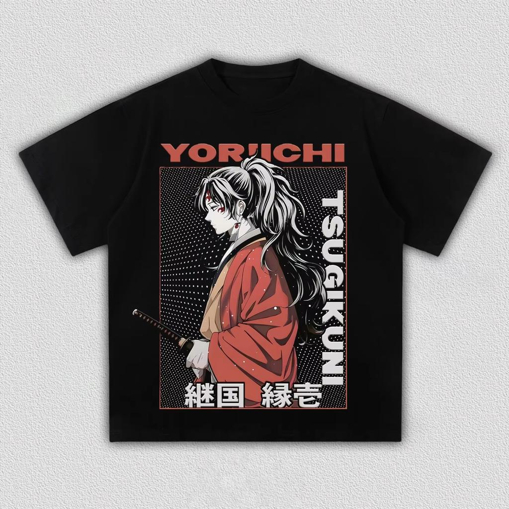 Demon Slayer Yoriichi Tsugikuni Anime Print T-shirt, Unisex Cool Manga Art Graphic Tee, Casual Streetwear Short Sleeve Top
