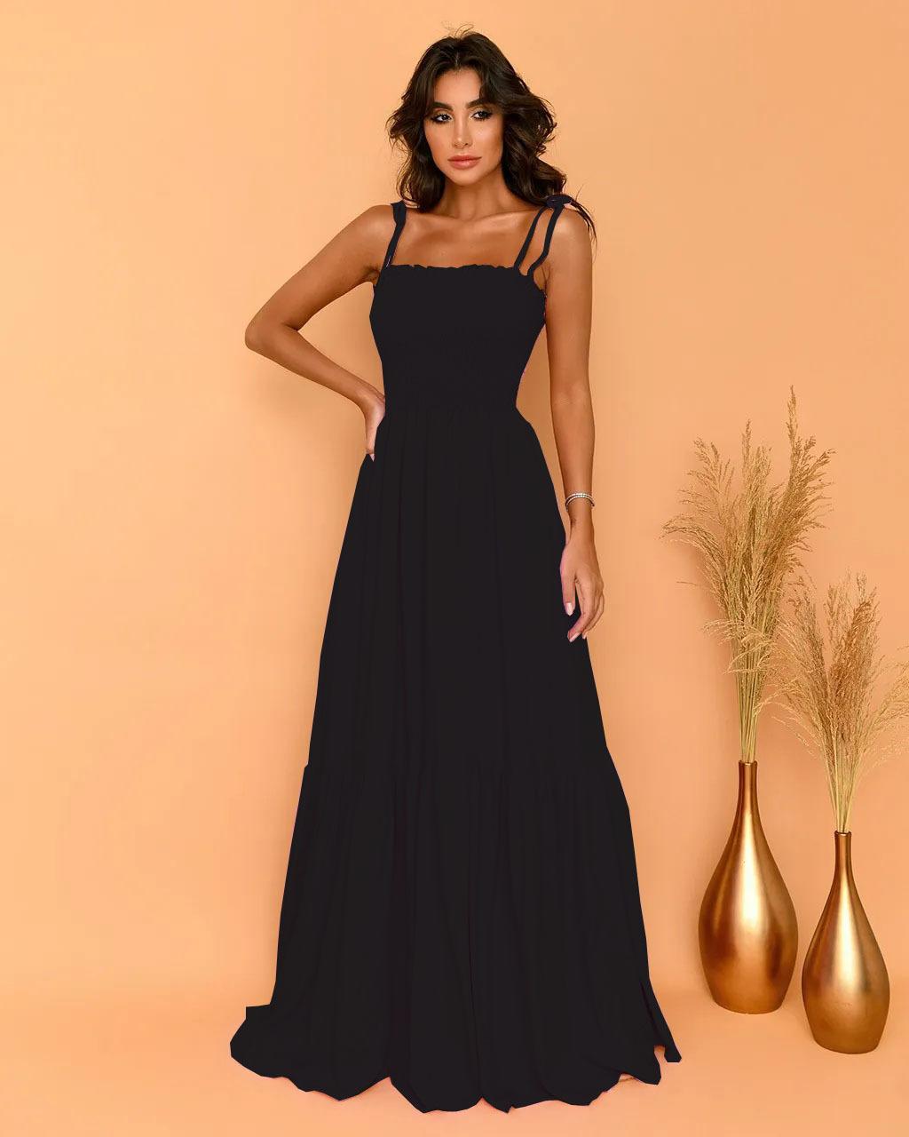 

Solid color high waist and thin temperament retro suspender big swing skirt long dress dress light luxury M чорний