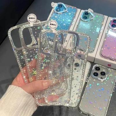 Shiny Glitter Star Rhinestone Shell Pattern Phone Case For iPhone 17 Air 16 15 14 13 12 11 Pro Max 14 Plus Soft Shockproof Cover