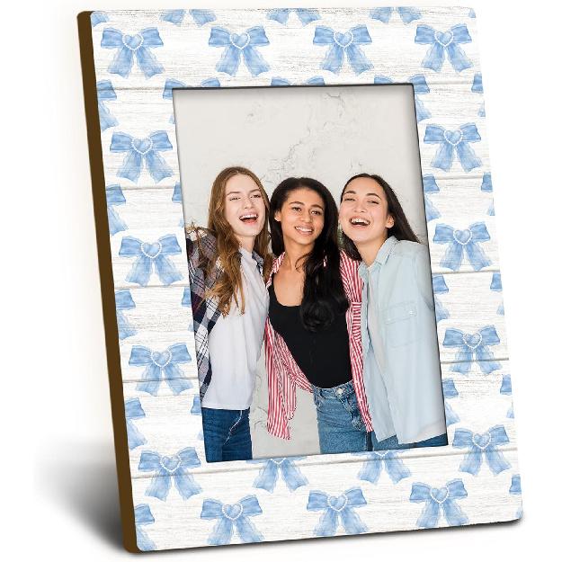 Blue Bow Friends Girls 4x6 Picture Frame, Preppy Girly Wooden Picture Frame, Gifts for Friends Girls Women Besties, Blue Coquette Preppy Bow