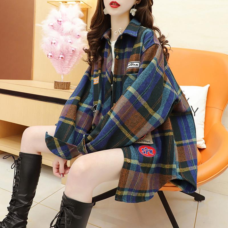 

2026 Women s European-Style Plaid Lapel Shirt - Winter Chic, Age-Reducing Fashion S темно-синий