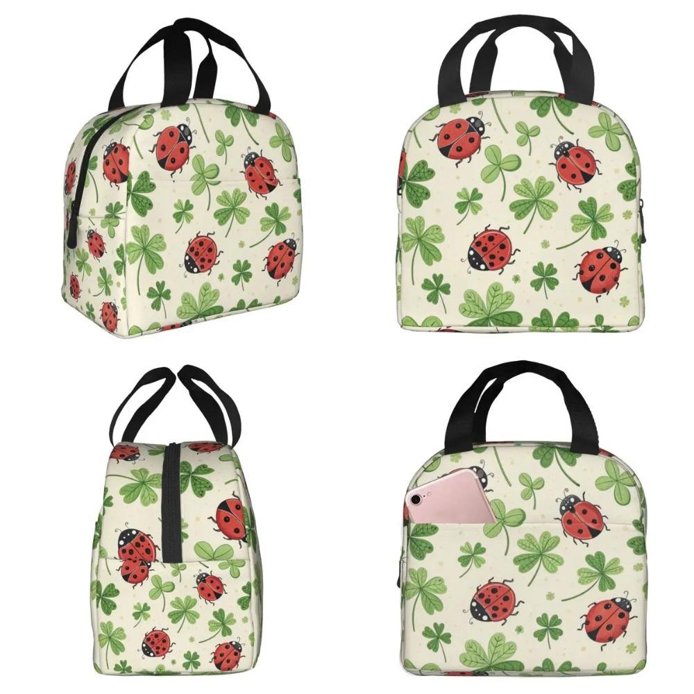 Cute Ladybug On The Four Leaf Grass Insulated Lunch Bag for Office Cooler Thermal Food Box Tote Leakproof Lunch Boxes Container