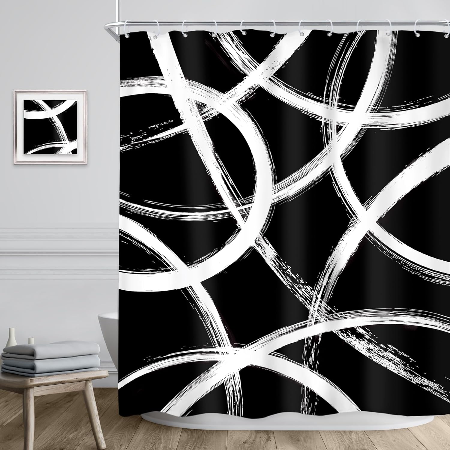 Pandara Jewelry Men's Black/White And Shower Curtain Abstract Line Minimalist Ink Painting Simple Art Modern Geometric Cool Unique Bathroom