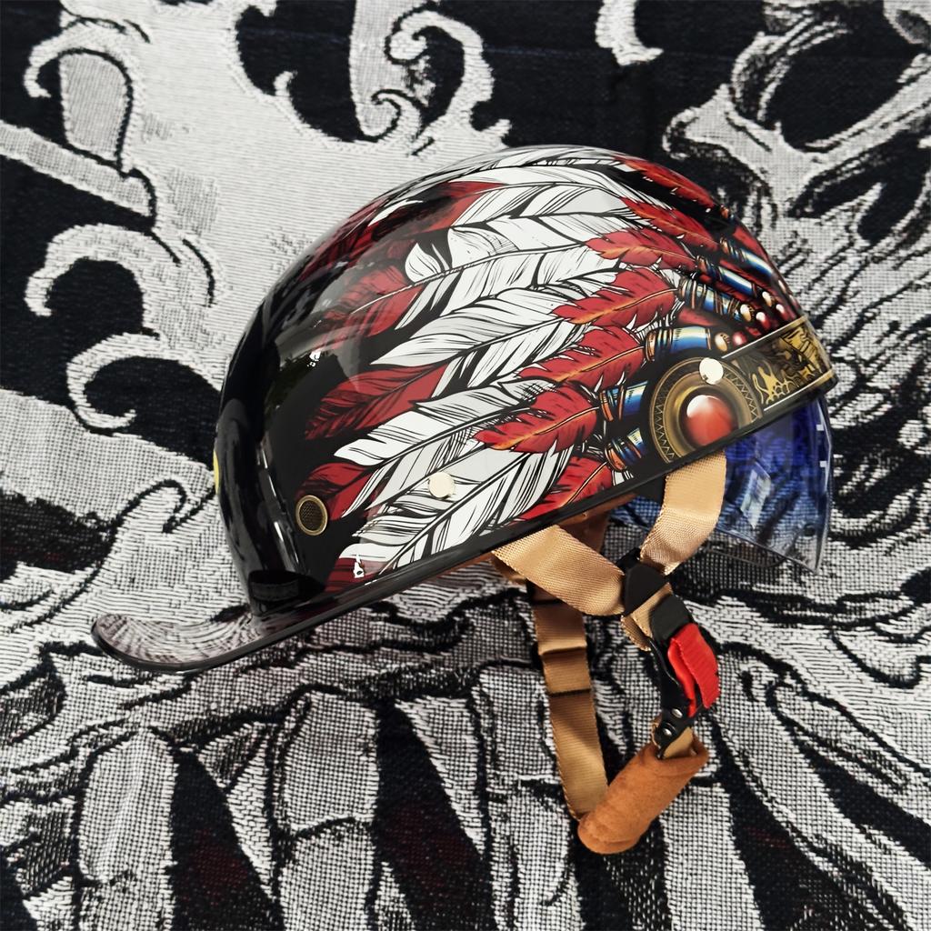 Street Retro Baseball Helmet Motorcycle Helmet - With Blue Lenses - Scooter Men's and Women's Outdoor Fashion Half Helmet