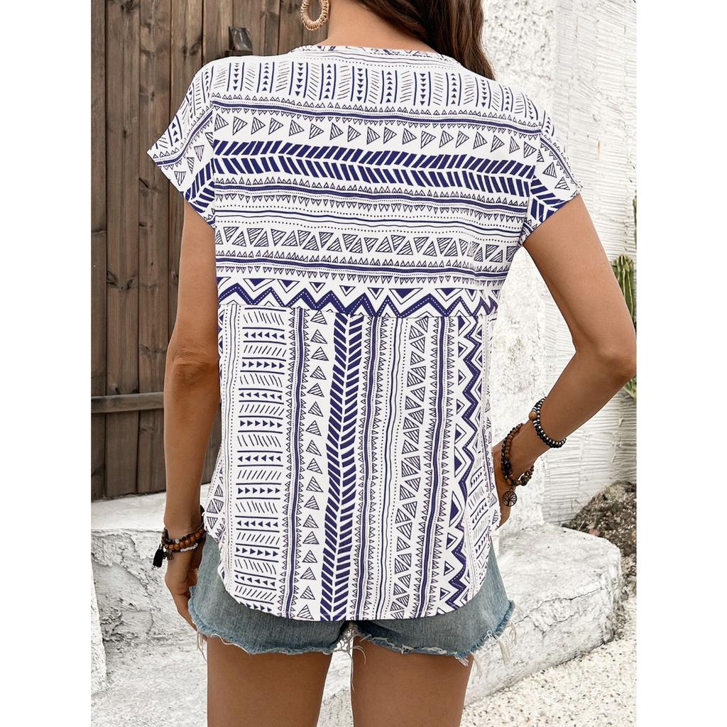 GMXIA Women's European and American Geometric Pattern Round Neck Short-sleeved Shirt Top
