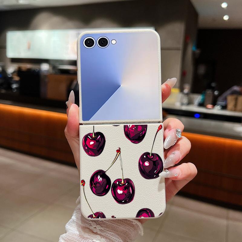 Z Flip 7 Case Retro Oil Painting Style Cherry Pattern Leather Texture Folding Fhone Cover For Samsung Galaxy Z Flip 7 6 5 4 Flip7 Flip6 Flip5