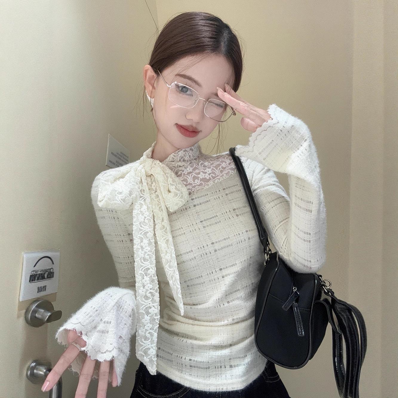 Elegant French Patchwork Bow Lace Layered Long Sleeve Shirt for Women S