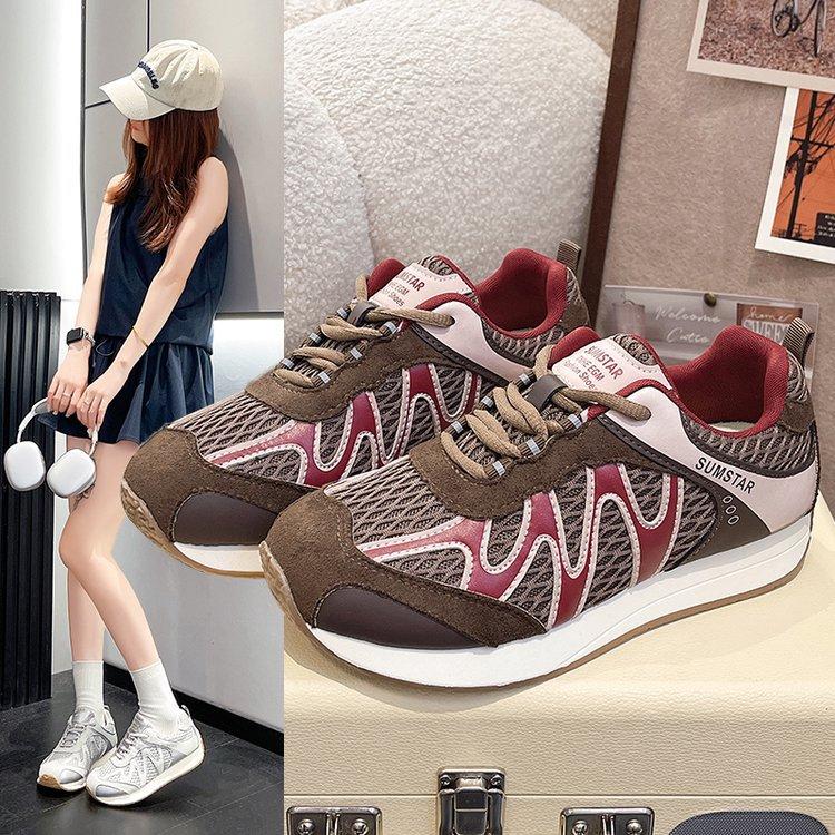 Leather Mesh Platform Sports Casual Shoes Women's 2025 Summer New Breathable Outdoor Hiking Shoes Jogging Shoes