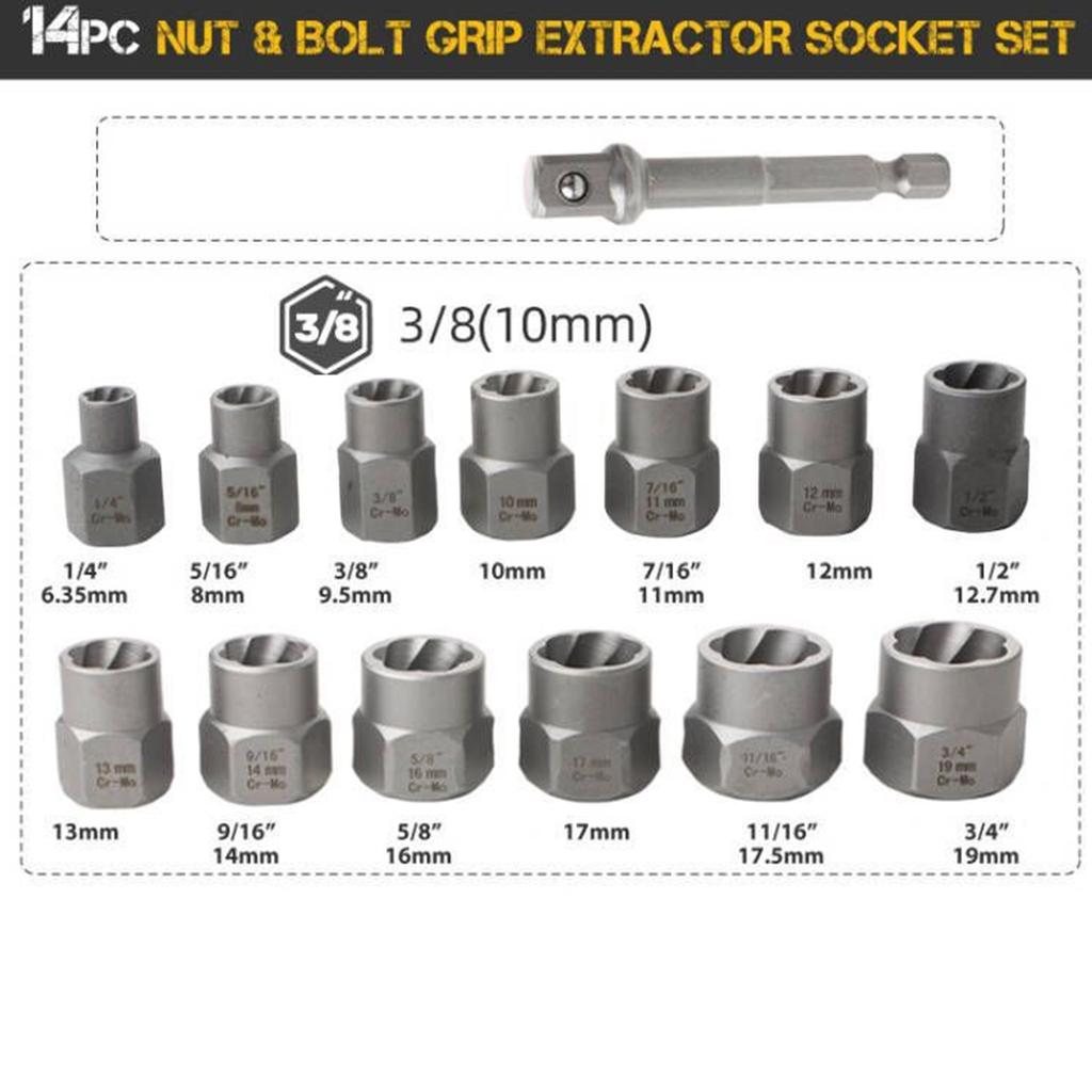 14pcs Nut Remover Set Stripped Bolt Extractor Set Impact Bolt Nut Removal Tool for Damaged Frozen Studs Rusted Rounded-Off Bolts