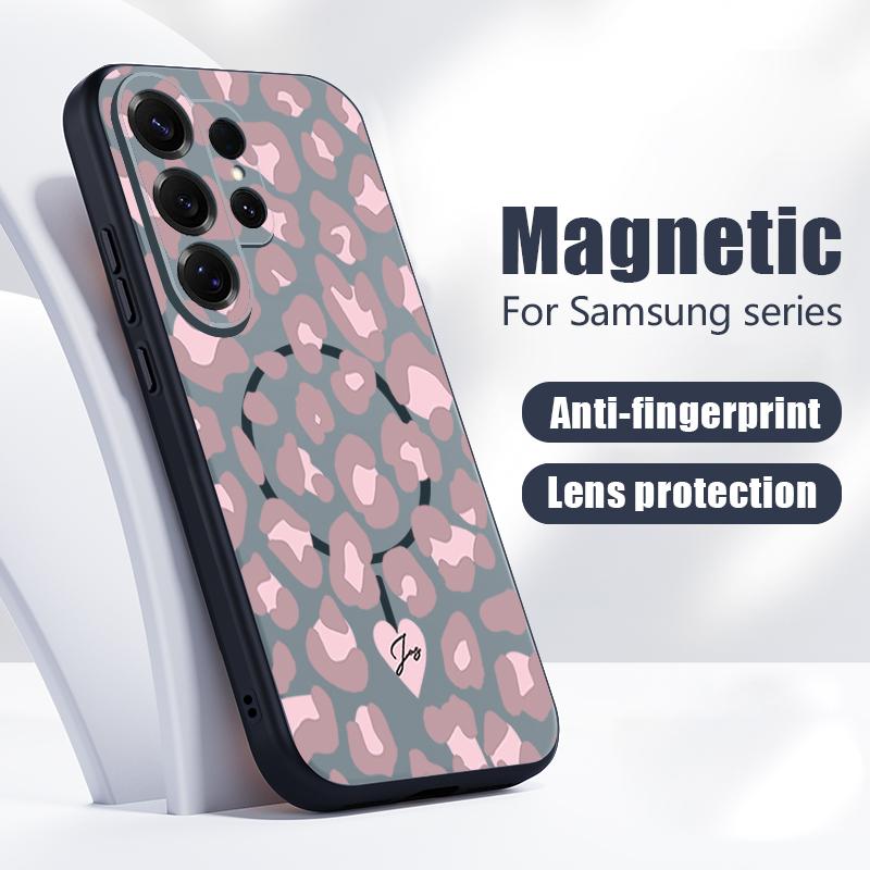 Magnetic For Magsafe Case For Samsung Galaxy S26 Ultra S25 Edge S24 Plus S23 FE S22 A54 A55 A56 5G Pink Leopard Print Matte Cover
