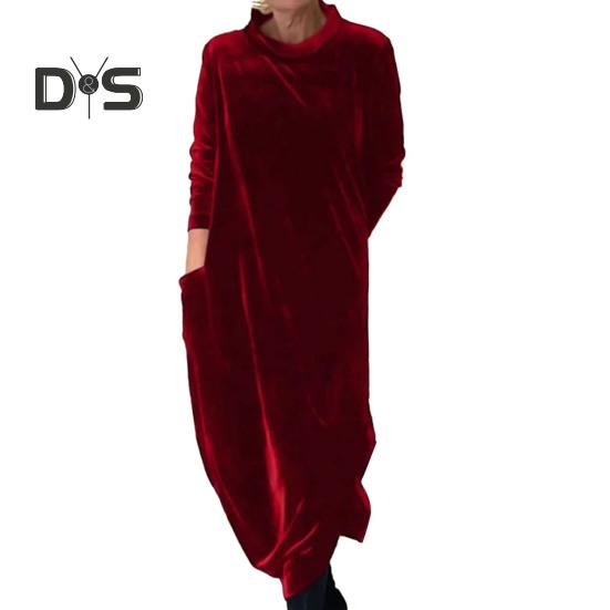 

Женское платье с круглым вырезом, свободное, однотонное, с длинным рукавом, мягкий, теплый, длиной до середины икры, повседневное, миди-платье 3XL