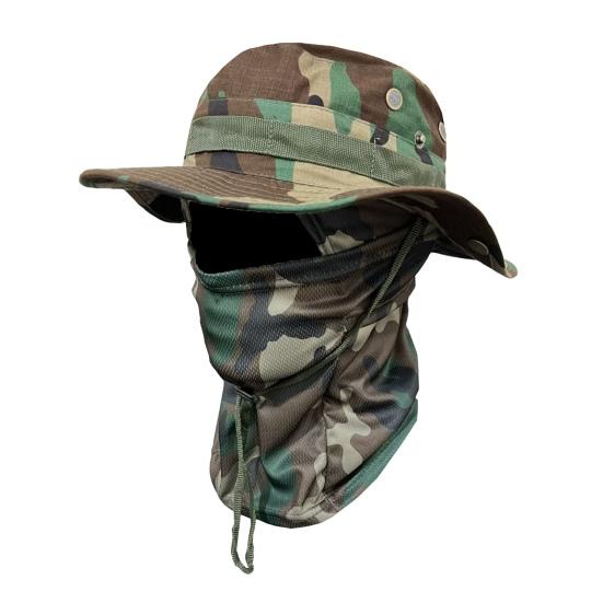 Camouflage Sonnenhut mit Sturmhaube Gesichtsmaske, UV-Schutz Herren Hut mit breiter Krempe, Atmungsaktiver Fischerhut für Outdoor Angeln Wandern Radfahren