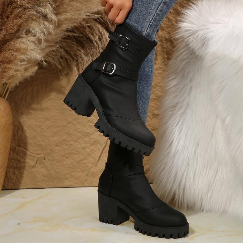 Plus-size Shoes, High-heeled Boots, Women's Shoes, Versatile Round-toed, Thick-heeled, Short-top Fashion Boots