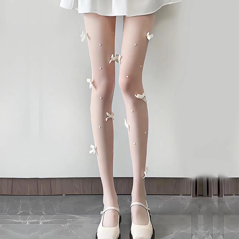 1/2Pairs Sexy Bow Lace Tights Women Bowknot Pearl Hollow Mesh Fishnet Thigh High Stockings Jk Lolita Sweet Girls Tight Pantyhose