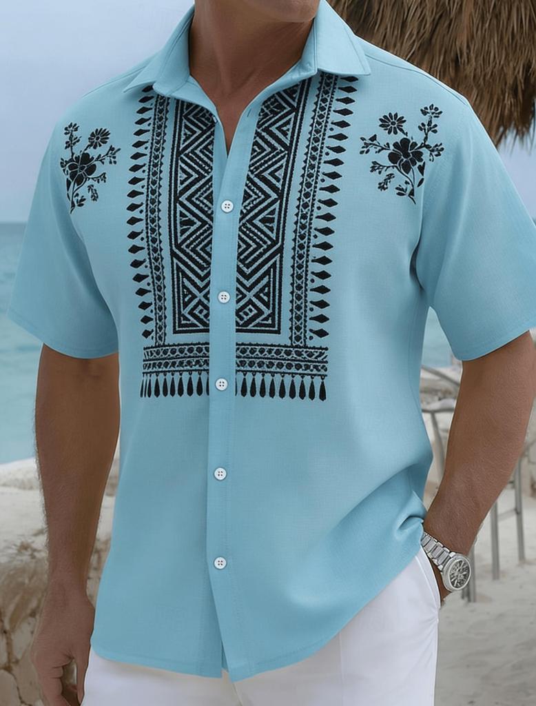Men's Light Blue Ethnic Geometric Print Short Sleeve Shirt, Spring Summer Fresh Vacation Casual Top, Pocket Lapel Style