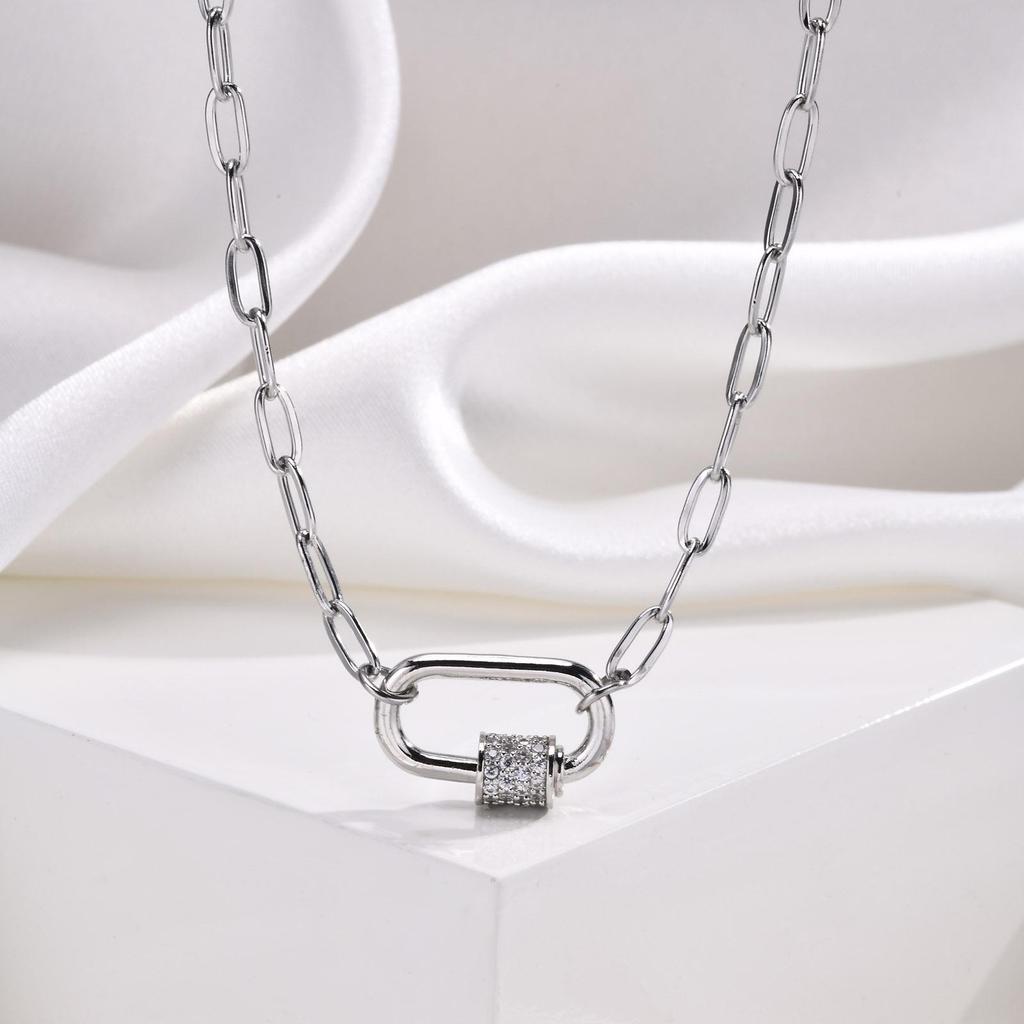 Women's Gold Clavicle Chain Necklace with Zirconia Oval Pendant and Stainless Steel Square Links
